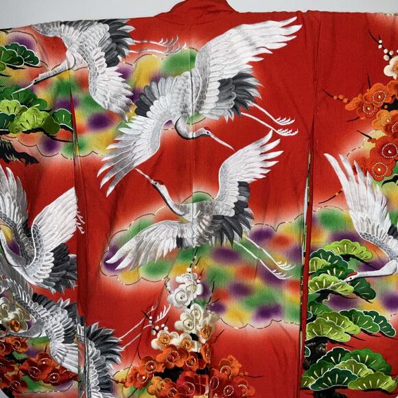 VTG VINTAGE JAPANESE FURISODE RED VERMILLION CRANE SILK KIMONO - Picture 4 of 10